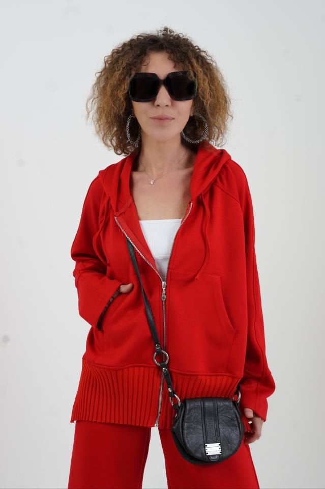 Kırmızı Fermuarlı Modal Sweatshirt Bol Paça Pantolon Takım