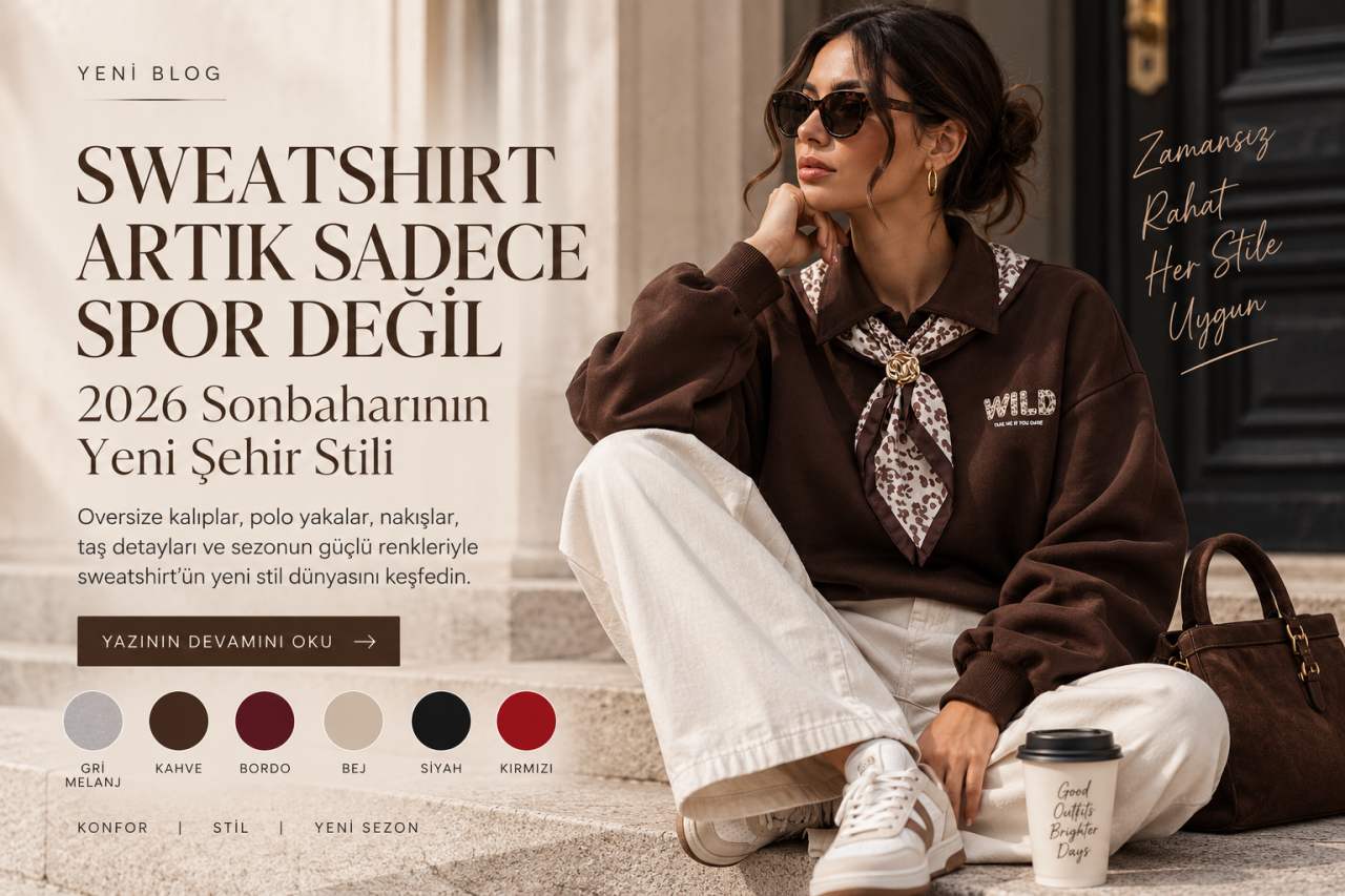 2026 kadın sweatshirt modellerini keşfedin. Oversize, polo yaka, nakışlı, baskılı ve taşlı sweatshirtlerle sonbaharın yeni şehir stiline göz atın.