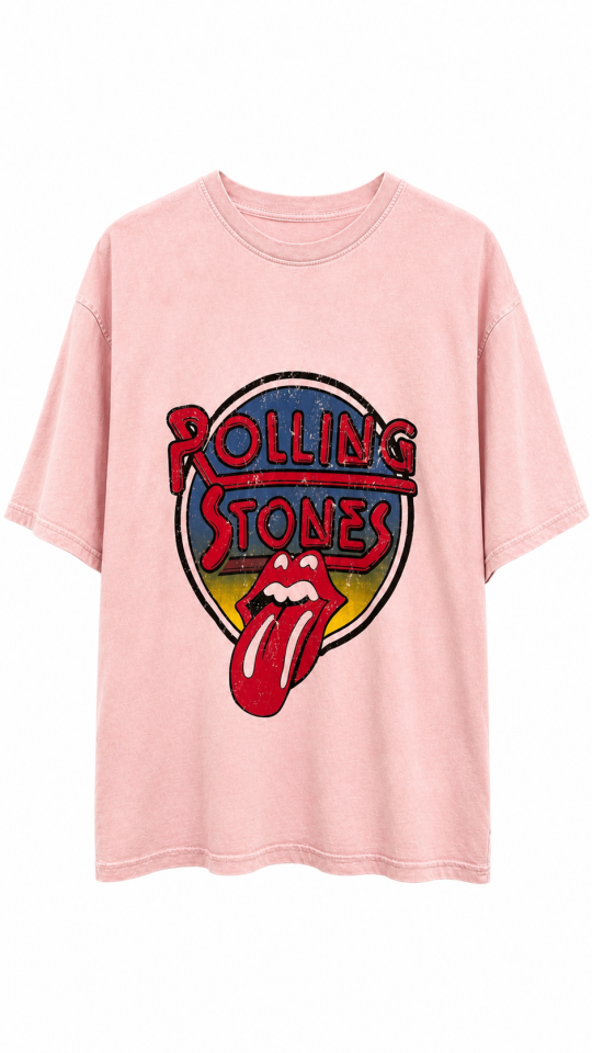 Pudra Rock Baskılı Soluk Efektli Oversize Tshirt