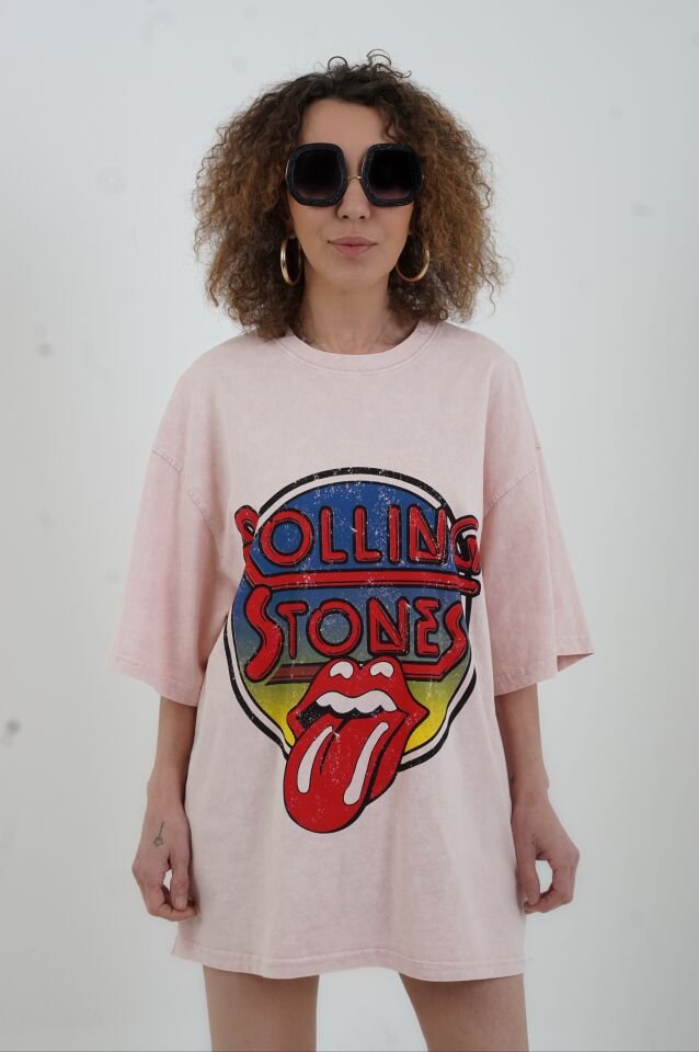 Pudra Rock Baskılı Soluk Efektli Oversize Tshirt