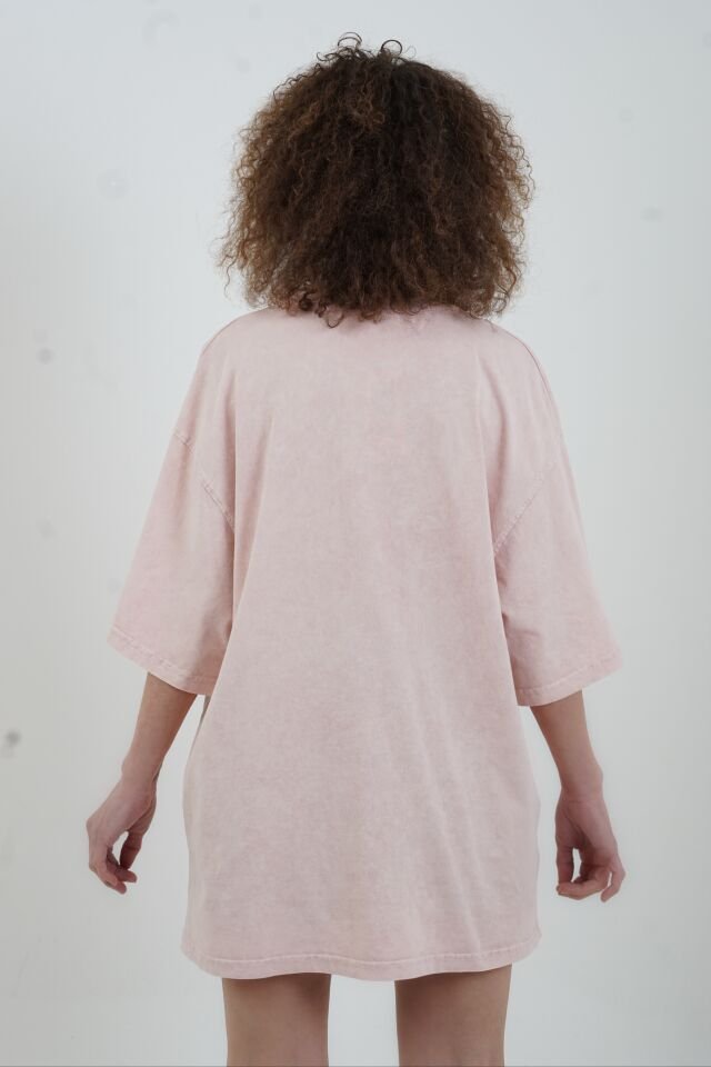 Pudra Rock Baskılı Soluk Efektli Oversize Tshirt