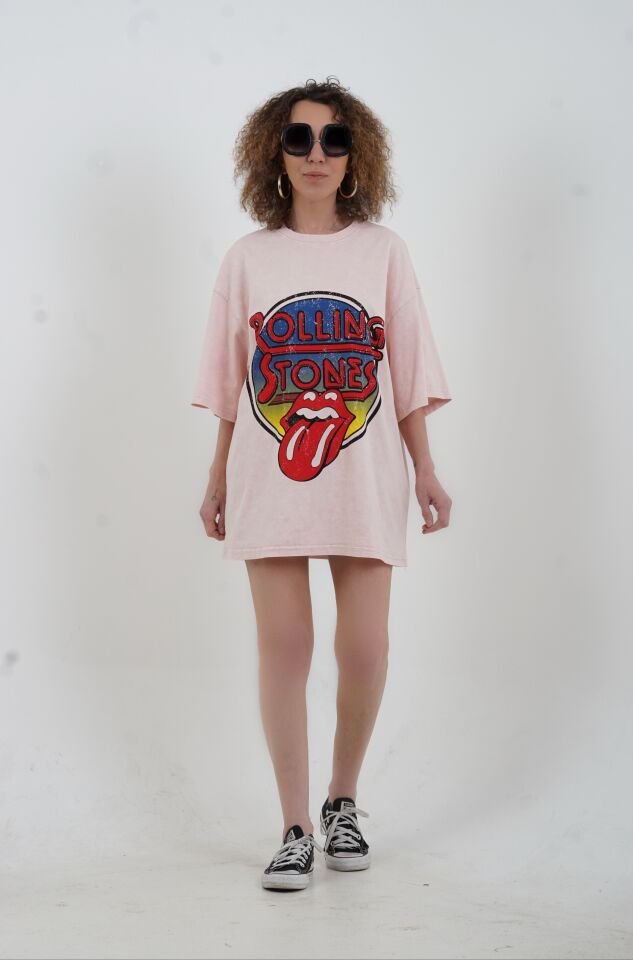 Pudra Rock Baskılı Soluk Efektli Oversize Tshirt