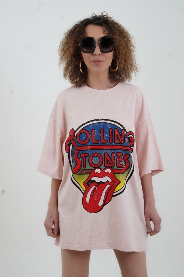 Pudra Rock Baskılı Soluk Efektli Oversize Tshirt