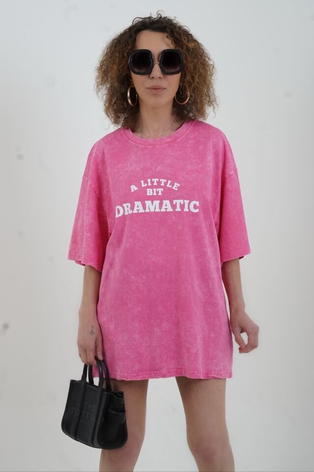 Pembe Dramatic Baskılı Soluk Efektli Oversize Tshirt
