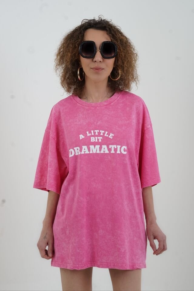 Pembe Dramatic Baskılı Soluk Efektli Oversize Tshirt