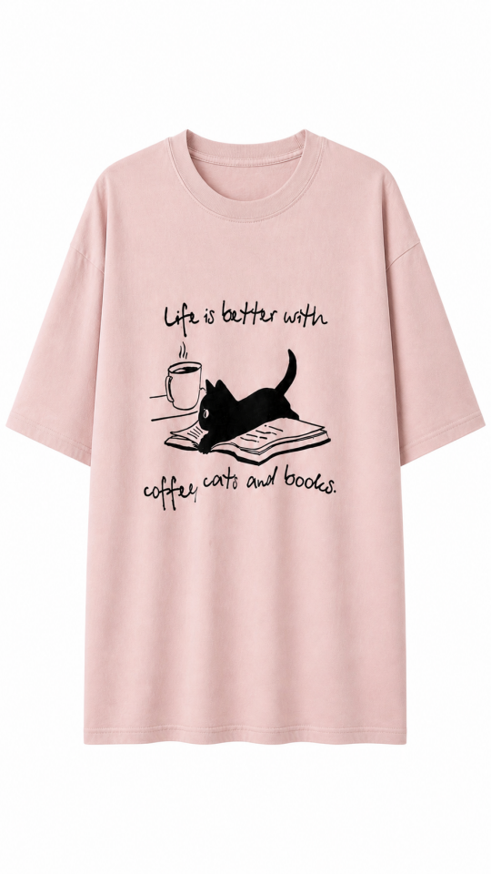 Pudra Coffee Cats Soluk Efektli Oversize Tshirt