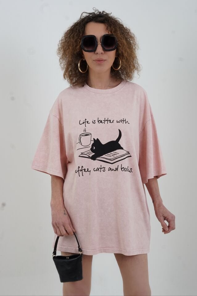 Pudra Coffee Cats Soluk Efektli Oversize Tshirt