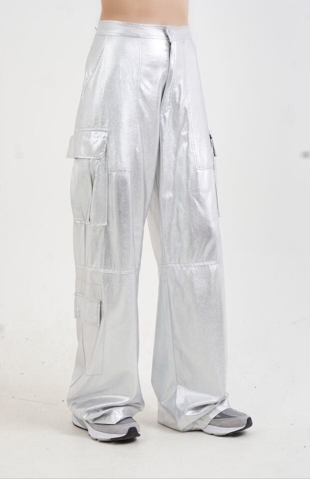 Gümüş Kargo Cep Parlak Pantolon