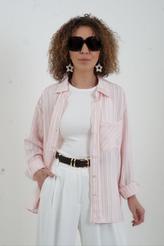 Pembe Çizgili Oversize Gömlek