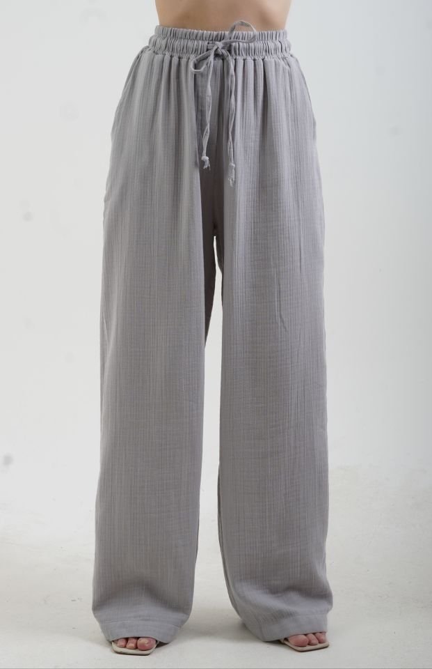 Gri Müslin Gömlek Bol Paça Pantolon Takım