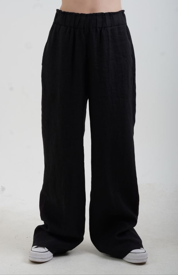 Siyah Naturel Keten Beli Lastikli Geniş Paça Pantolon