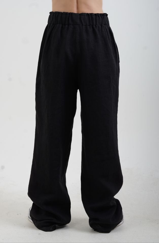 Siyah Naturel Keten Beli Lastikli Geniş Paça Pantolon