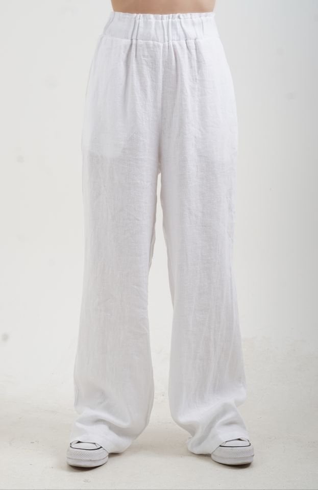 Beyaz Naturel Keten Beli Lastikli Geniş Paça Pantolon