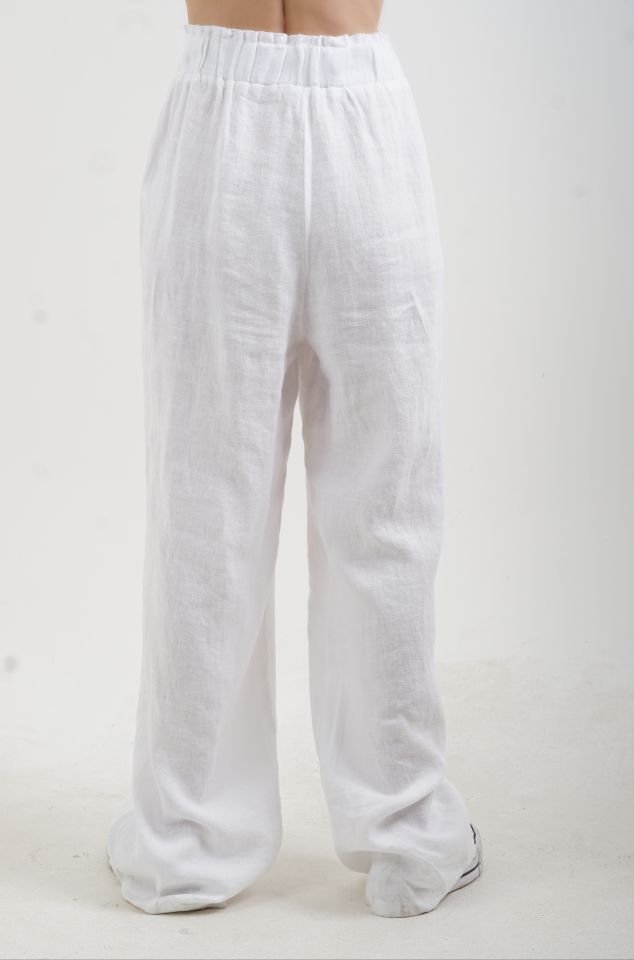 Beyaz Naturel Keten Beli Lastikli Geniş Paça Pantolon