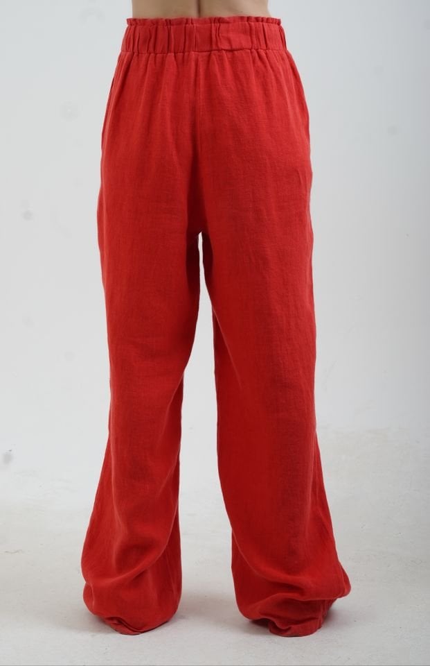 Kırmızı Naturel Keten Beli Lastikli Geniş Paça Pantolon