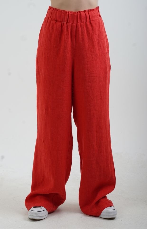Kırmızı Naturel Keten Beli Lastikli Geniş Paça Pantolon