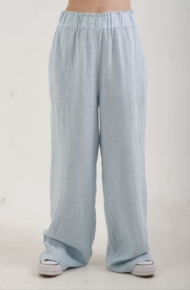 Mavi Naturel Keten Beli Lastikli Geniş Paça Pantolon
