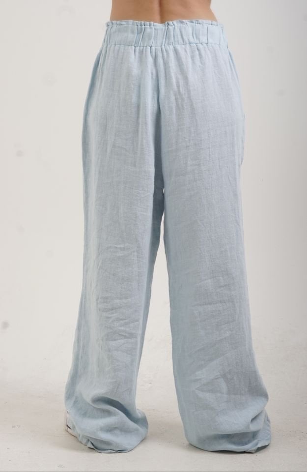 Mavi Naturel Keten Beli Lastikli Geniş Paça Pantolon