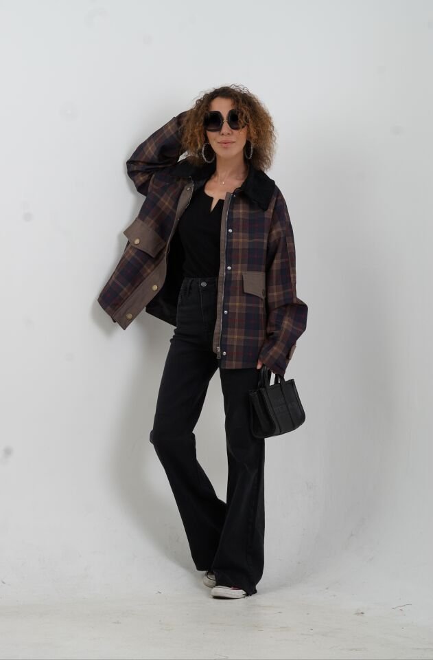 Kadife Kontrast Yaka Ekose Ceket