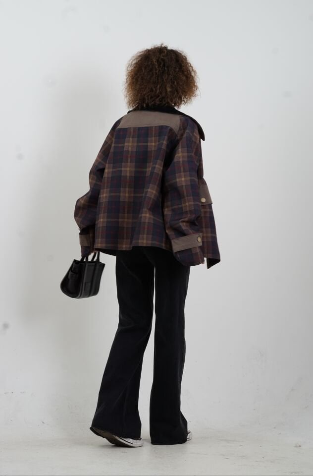 Kadife Kontrast Yaka Ekose Ceket