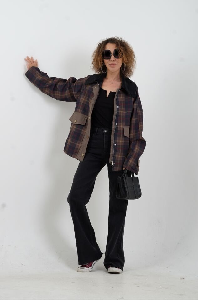 Kadife Kontrast Yaka Ekose Ceket