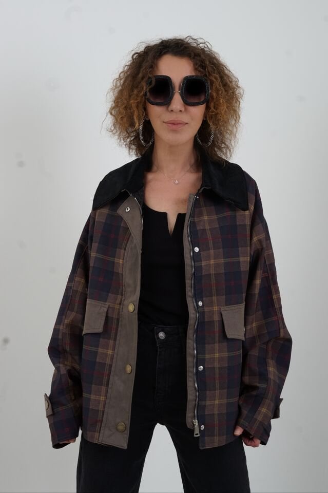 Kadife Kontrast Yaka Ekose Ceket