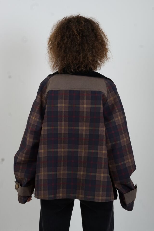 Kadife Kontrast Yaka Ekose Ceket