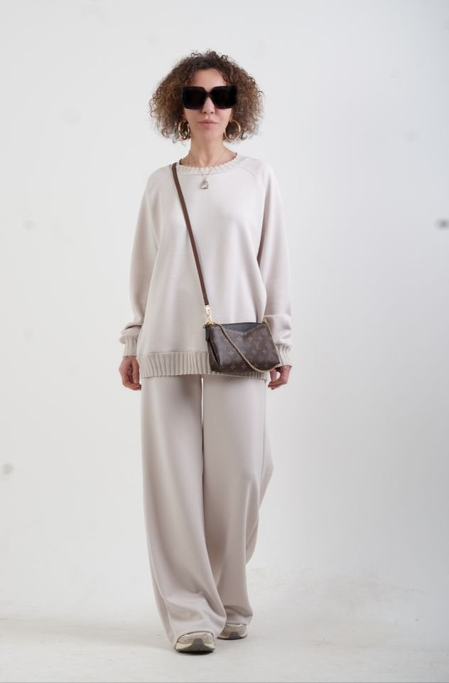 Bej O Yaka Triko Detay Modal Sweatshirt Pantolon Takım