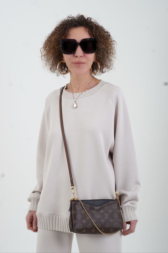 Bej O Yaka Triko Detay Modal Sweatshirt Pantolon Takım
