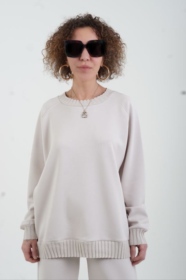 Bej O Yaka Triko Detay Modal Sweatshirt Pantolon Takım