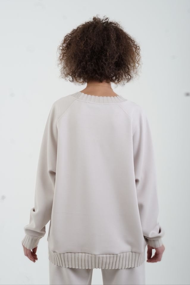 Bej O Yaka Triko Detay Modal Sweatshirt Pantolon Takım