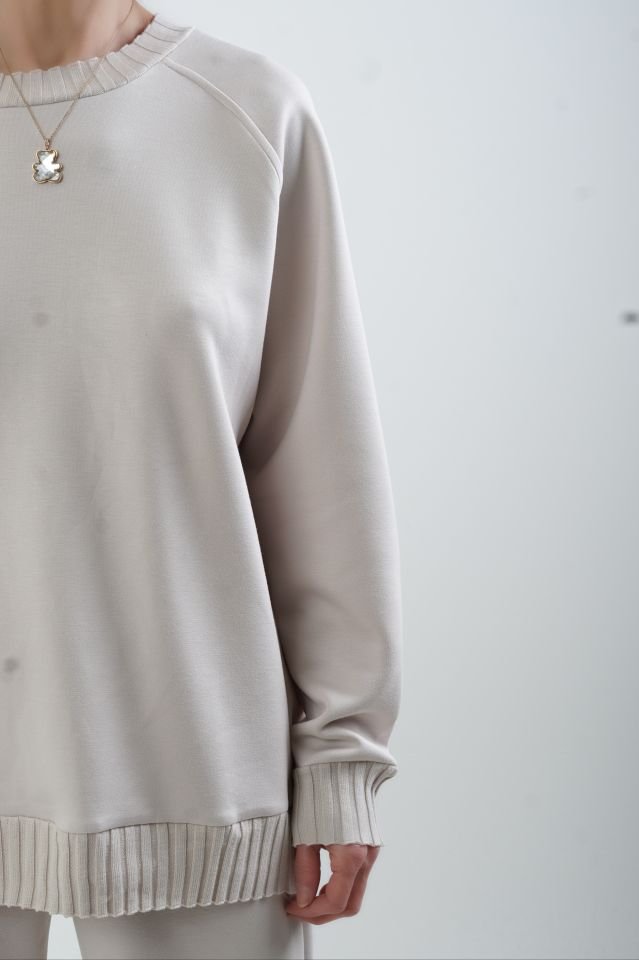 Bej O Yaka Triko Detay Modal Sweatshirt Pantolon Takım