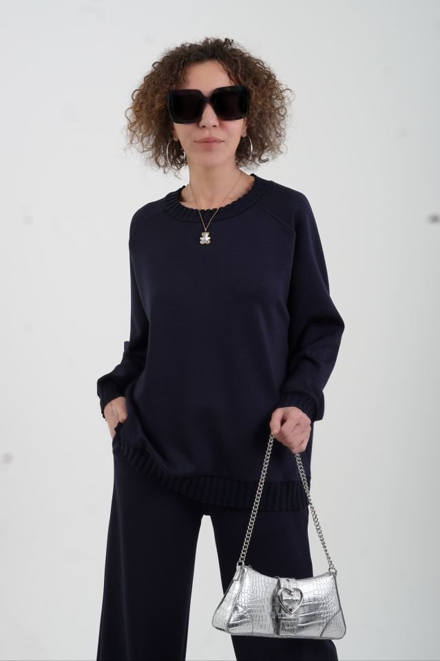 Lacivert O Yaka Triko Detay Modal Sweatshirt Pantolon Takım