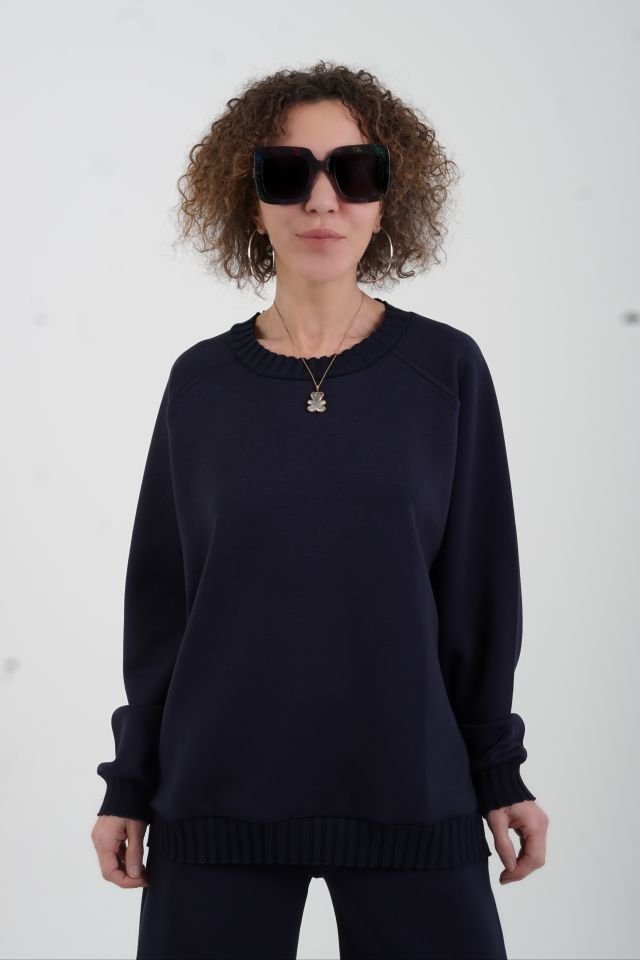 Lacivert O Yaka Triko Detay Modal Sweatshirt Pantolon Takım
