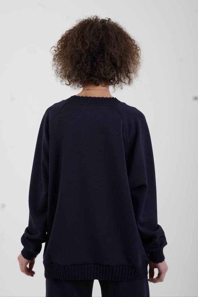 Lacivert O Yaka Triko Detay Modal Sweatshirt Pantolon Takım