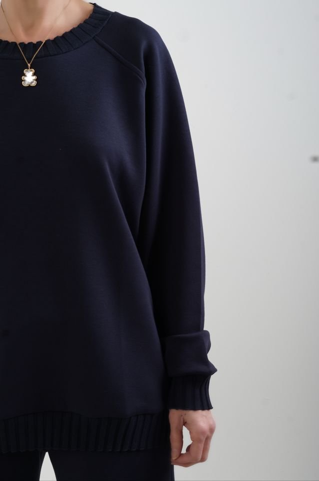 Lacivert O Yaka Triko Detay Modal Sweatshirt Pantolon Takım