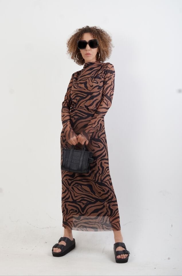 Zebra Desen Astarlı Tül  Elbise