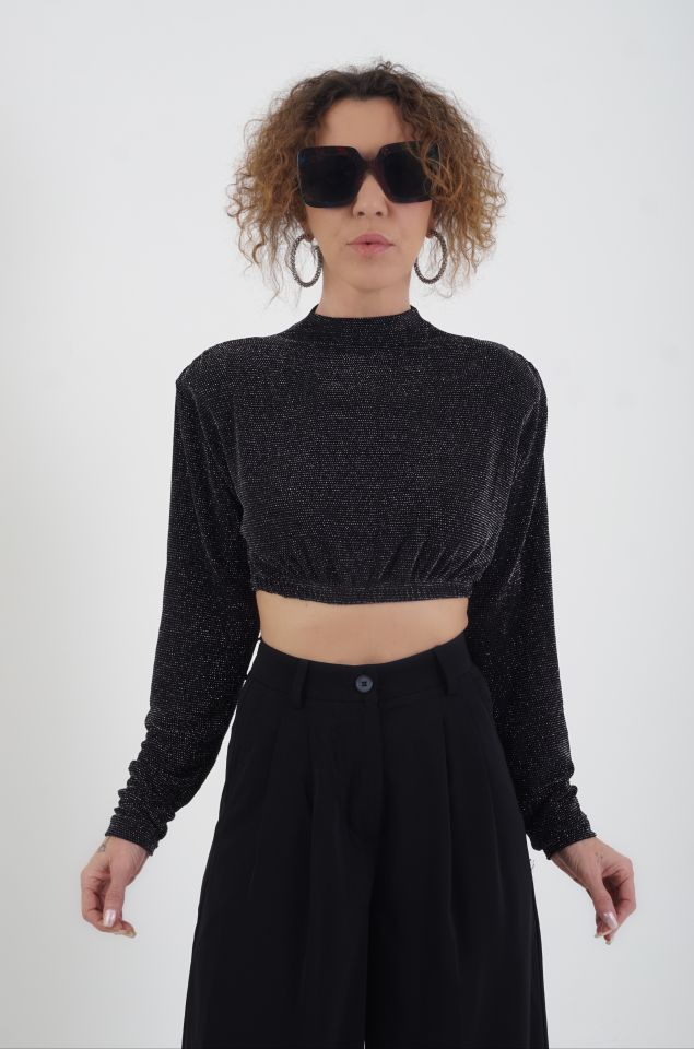 Sırt Dekolteli Simli Crop Bluz