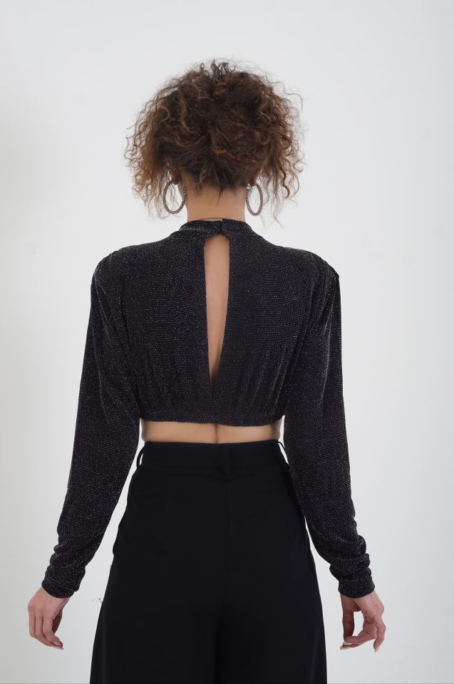 Sırt Dekolteli Simli Crop Bluz