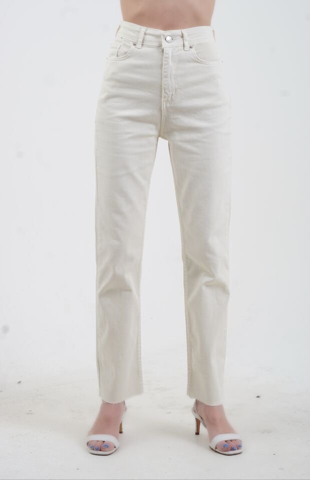 Bej Paçası Dikişsiz Mom Fit Jean Pantolon