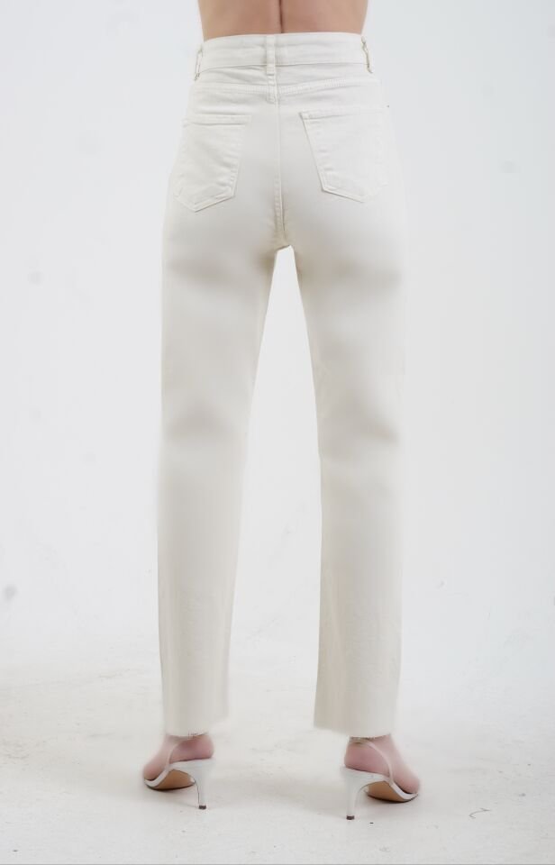 Bej Paçası Dikişsiz Mom Fit Jean Pantolon