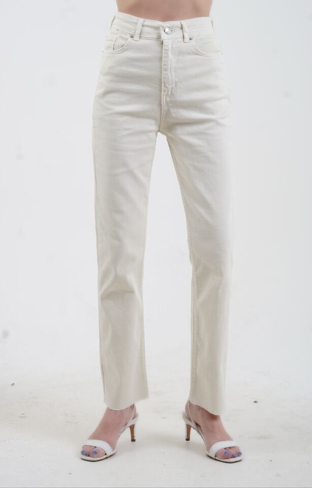 Bej Paçası Dikişsiz Mom Fit Jean Pantolon