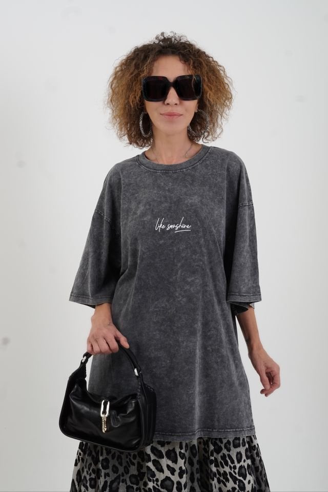 Life Sunshine Baskılı Soluk Efektli Oversize Tshirt
