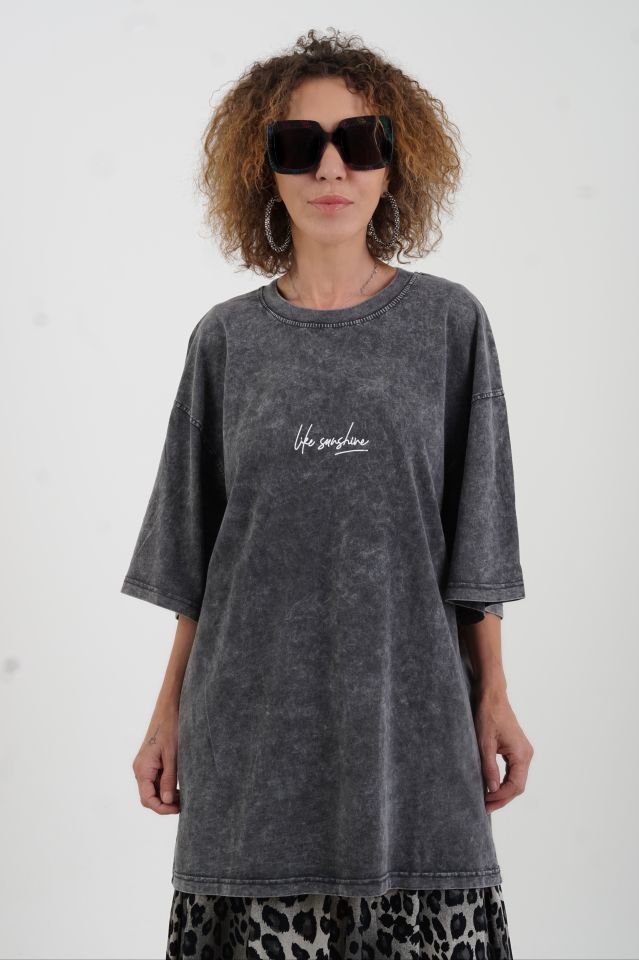 Life Sunshine Baskılı Soluk Efektli Oversize Tshirt