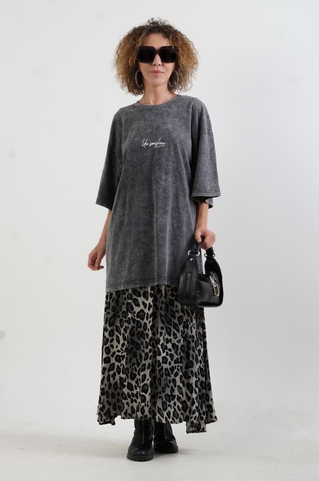 Life Sunshine Baskılı Soluk Efektli Oversize Tshirt