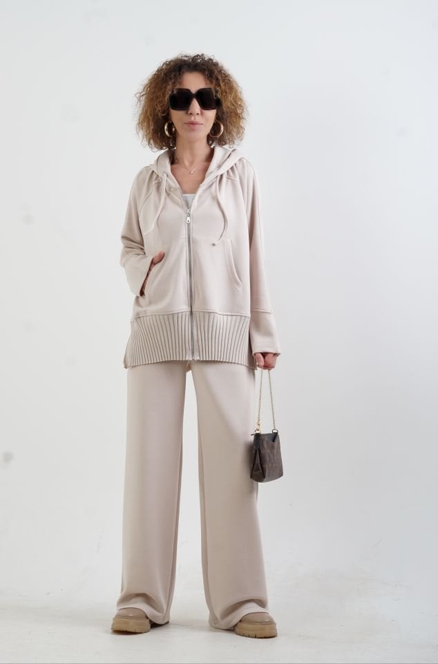 Bej Fermuarlı Modal Sweatshirt Pantolon Takım