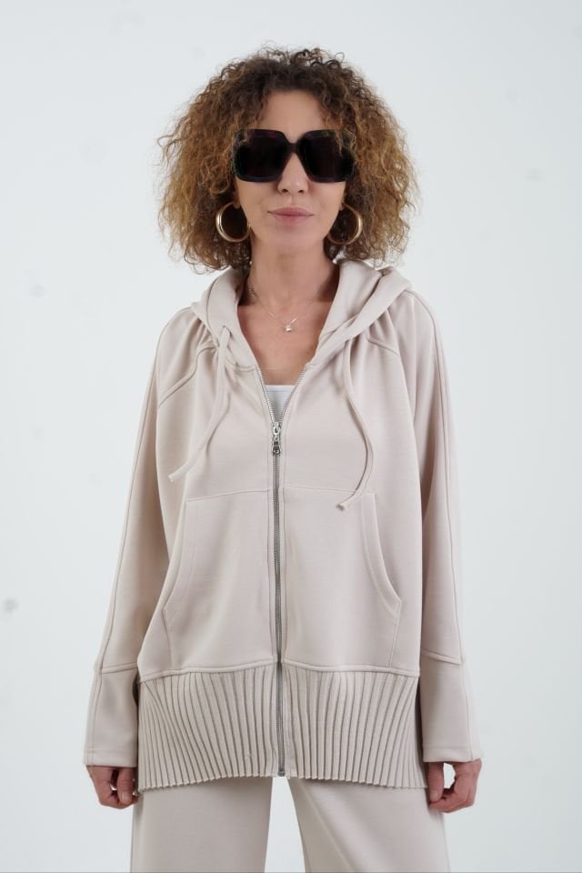 Bej Fermuarlı Modal Sweatshirt Pantolon Takım