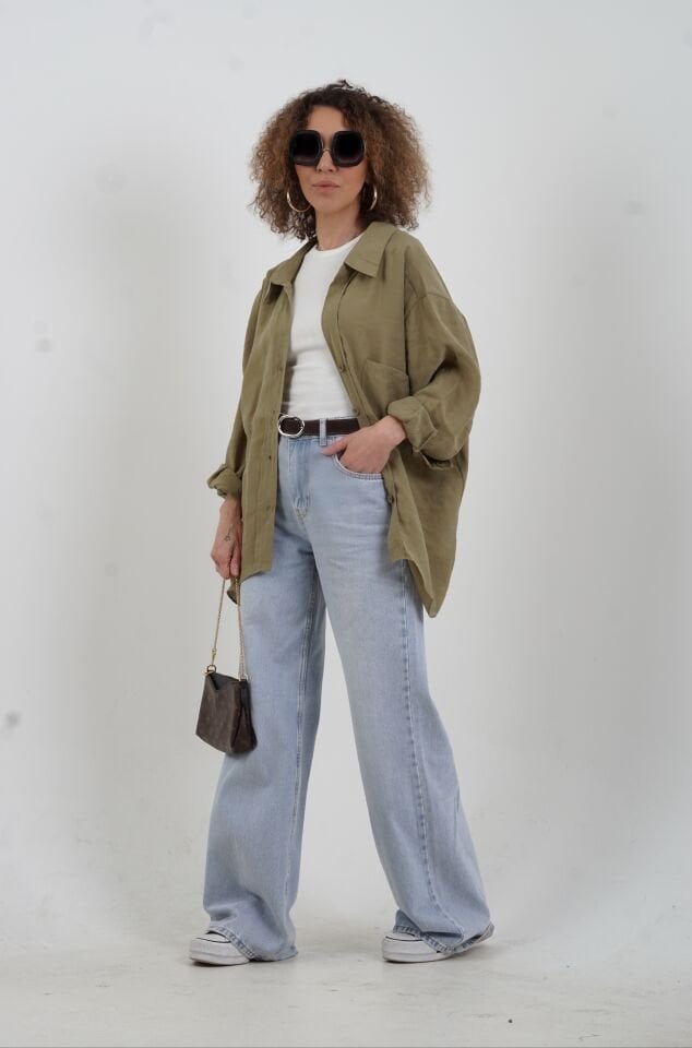 Haki Omzu Düşük Oversize Gömlek