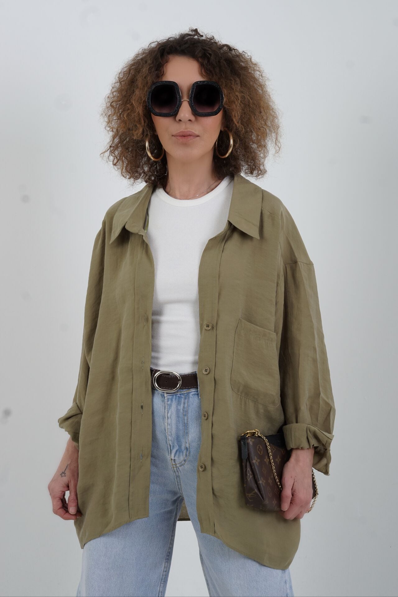 Haki Omzu Düşük Oversize Gömlek