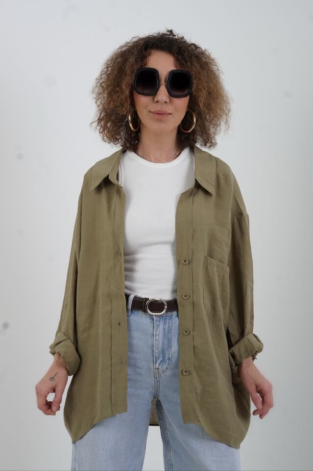 Haki Omzu Düşük Oversize Gömlek